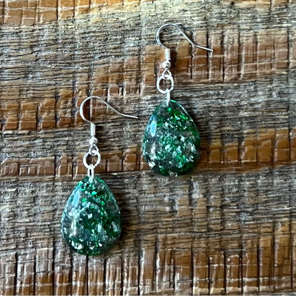 Green Shimmer Teardrop Resin Earrings
